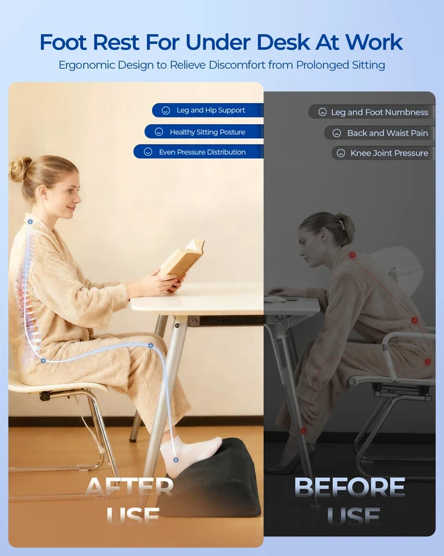 Alt view image 6 of 7 - Adjustable Heights Foot Rest for Under Desk at Work, Black Ergonomic High-Density Bamboo Charcoal Foam Footrest with Washable Cover, Leg Rest Back Pillow for Office Home