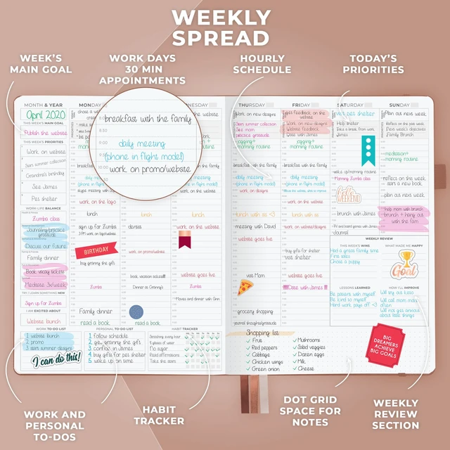 Alt view image 3 of 6 - Planner PRO Hourly, Undated Weekly & Monthly, Dark Terracotta 8.5x11" daily planner with time slots, Eco leather cover, Stickers, 120gsm paper, Work schedule organizer, Appointment book