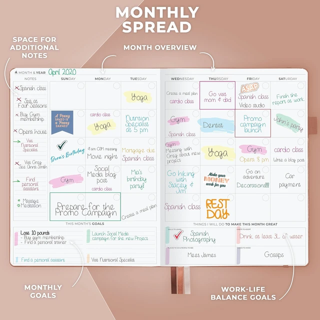 Alt view image 4 of 6 - Planner PRO Hourly, Undated Weekly & Monthly, Dark Terracotta 8.5x11" daily planner with time slots, Eco leather cover, Stickers, 120gsm paper, Work schedule organizer, Appointment book