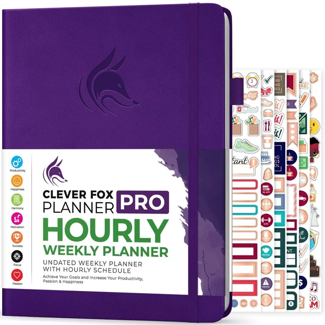 Main image of Planner PRO Hourly, Undated Weekly & Monthly, Purple 8.5x11" daily planner with time slots, Eco leather cover, Stickers, 120gsm paper, Work schedule organizer, Appointment book