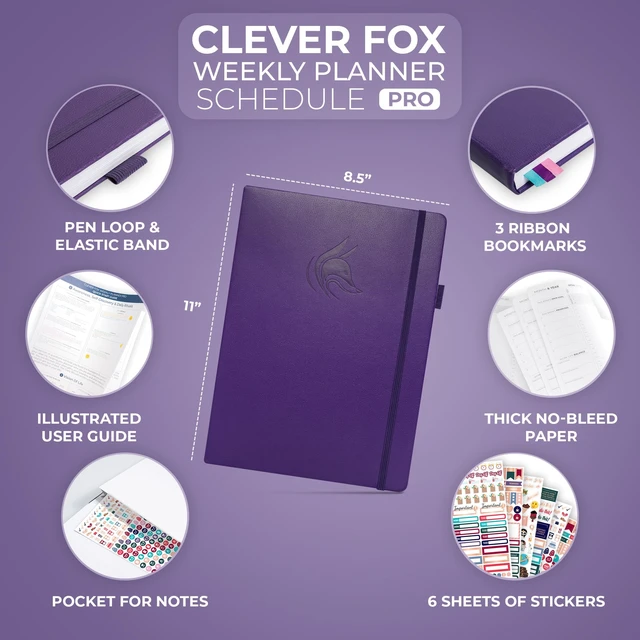 Alt view image 2 of 6 - Planner PRO Hourly, Undated Weekly & Monthly, Purple 8.5x11" daily planner with time slots, Eco leather cover, Stickers, 120gsm paper, Work schedule organizer, Appointment book