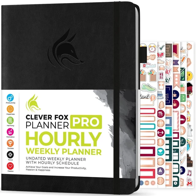 Main image of Planner PRO Hourly, Undated Weekly & Monthly, Black 8.5x11" daily planner with time slots, Eco leather cover, Stickers, 120gsm paper, Work schedule organizer, Appointment book