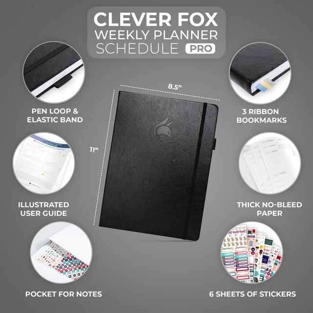 Alt view image 2 of 6 - Planner PRO Hourly, Undated Weekly & Monthly, Black 8.5x11" daily planner with time slots, Eco leather cover, Stickers, 120gsm paper, Work schedule organizer, Appointment book