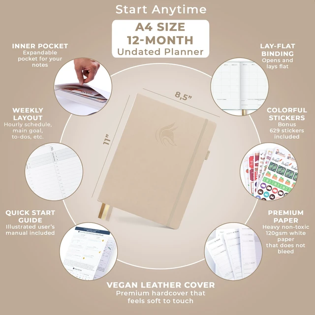 Alt view image 2 of 6 - Planner PRO Hourly, Undated Weekly & Monthly, Seashell 8.5x11" daily planner with time slots, Eco leather cover, Stickers, 120gsm paper, Work schedule organizer, Appointment book