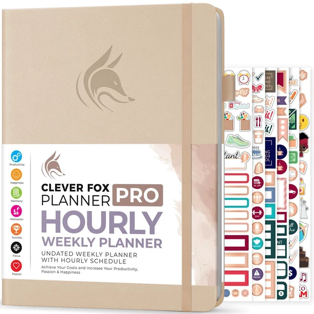 Main image of Planner PRO Hourly, Undated Weekly & Monthly, Seashell 8.5x11" daily planner with time slots, Eco leather cover, Stickers, 120gsm paper, Work schedule organizer, Appointment book