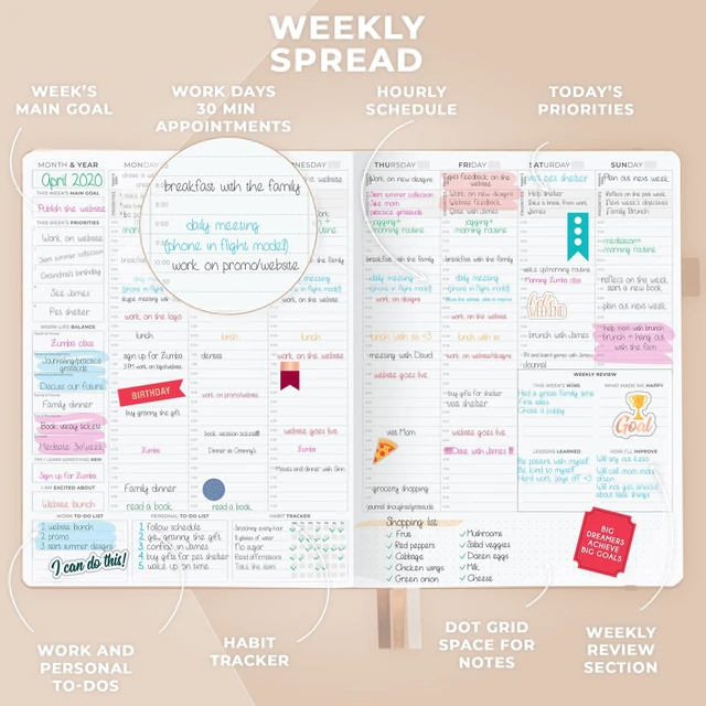 Alt view image 3 of 6 - Planner PRO Hourly, Undated Weekly & Monthly, Seashell 8.5x11" daily planner with time slots, Eco leather cover, Stickers, 120gsm paper, Work schedule organizer, Appointment book