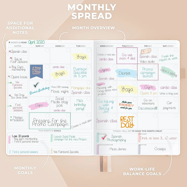 Alt view image 4 of 6 - Planner PRO Hourly, Undated Weekly & Monthly, Seashell 8.5x11" daily planner with time slots, Eco leather cover, Stickers, 120gsm paper, Work schedule organizer, Appointment book