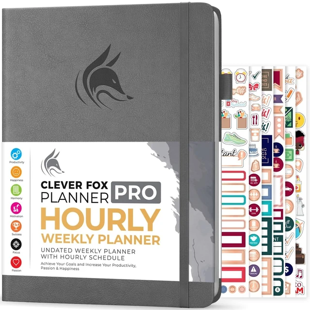 Main image of Planner PRO Hourly, Undated Weekly & Monthly, Gray 8.5x11" daily planner with time slots, Eco leather cover, Stickers, 120gsm paper, Work schedule organizer, Appointment book