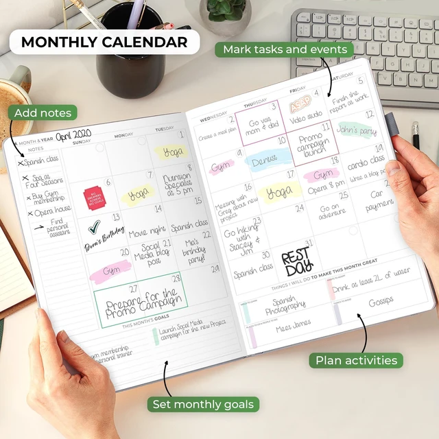 Alt view image 4 of 6 - Planner PRO Hourly, Undated Weekly & Monthly, Gray 8.5x11" daily planner with time slots, Eco leather cover, Stickers, 120gsm paper, Work schedule organizer, Appointment book