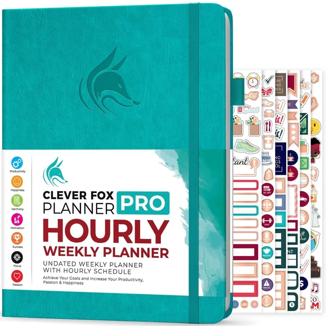 Main image of Planner PRO Hourly, Undated Weekly & Monthly, Turquoise 8.5x11" daily planner with time slots, Eco leather cover, Stickers, 120gsm paper, Work schedule organizer, Appointment book