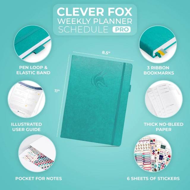 Alt view image 2 of 6 - Planner PRO Hourly, Undated Weekly & Monthly, Turquoise 8.5x11" daily planner with time slots, Eco leather cover, Stickers, 120gsm paper, Work schedule organizer, Appointment book