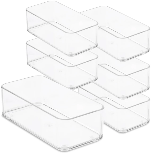 Main image of Plastic Clear Drawer Organizers. Bathroom, Kitchen, Bedroom, Nail Polish, Office Organizer Bins, Storage Trays. Heavy Duty, Stackable. 6" x 3" x 2" Set of 6
