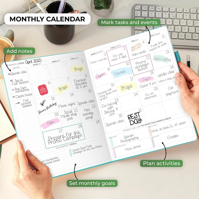 Alt view image 4 of 6 - Planner PRO Hourly, Undated Weekly & Monthly, Turquoise 8.5x11" daily planner with time slots, Eco leather cover, Stickers, 120gsm paper, Work schedule organizer, Appointment book