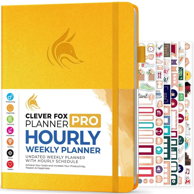 Main image of Planner PRO Hourly, Undated Weekly & Monthly, Amber Yellow 8.5x11" daily planner with time slots, Eco leather cover, Stickers, 120gsm paper, Work schedule organizer, Appointment book