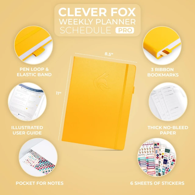 Alt view image 2 of 6 - Planner PRO Hourly, Undated Weekly & Monthly, Amber Yellow 8.5x11" daily planner with time slots, Eco leather cover, Stickers, 120gsm paper, Work schedule organizer, Appointment book