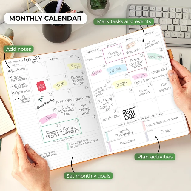 Alt view image 4 of 6 - Planner PRO Hourly, Undated Weekly & Monthly, Amber Yellow 8.5x11" daily planner with time slots, Eco leather cover, Stickers, 120gsm paper, Work schedule organizer, Appointment book