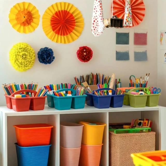 Alt view image 3 of 7 - 8 Pack Classroom Caddy Organizer with Handle Bulk, Deep Color Plastic Art Craft Cleaning Caddy, Small Multipurpose Supply Organization Storage, Basket for Table Desk Office Pencil Teacher