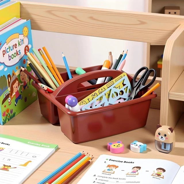 Alt view image 2 of 7 - 8 Pack Classroom Caddy Organizer with Handle Bulk, Deep Color Plastic Art Craft Cleaning Caddy, Small Multipurpose Supply Organization Storage, Basket for Table Desk Office Pencil Teacher