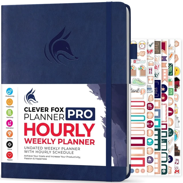 Main image of Planner PRO Hourly, Undated Weekly & Monthly, Dark Blue 8.5x11" daily planner with time slots, Eco leather cover, Stickers, 120gsm paper, Work schedule organizer, Appointment book