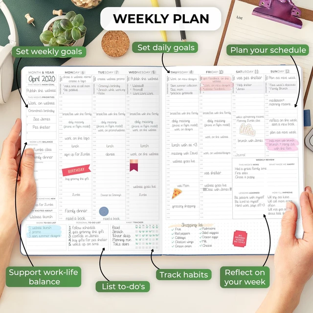 Alt view image 3 of 6 - Planner PRO Hourly, Undated Weekly & Monthly, Dark Blue 8.5x11" daily planner with time slots, Eco leather cover, Stickers, 120gsm paper, Work schedule organizer, Appointment book