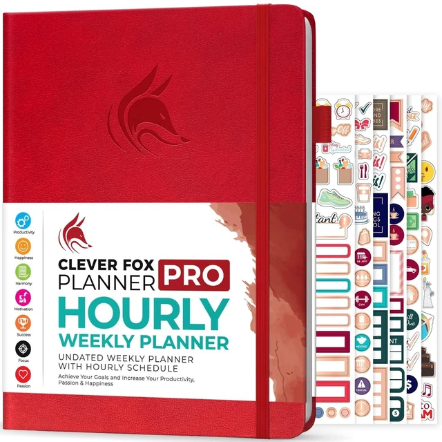 Main image of Planner PRO Hourly, Undated Weekly & Monthly, Red 8.5x11" daily planner with time slots, Eco leather cover, Stickers, 120gsm paper, Work schedule organizer, Appointment book