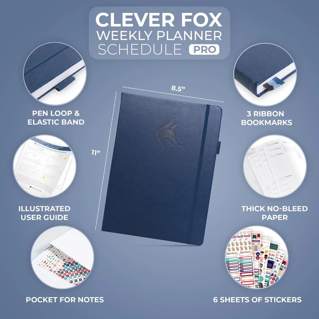 Alt view image 2 of 6 - Planner PRO Hourly, Undated Weekly & Monthly, Dark Blue 8.5x11" daily planner with time slots, Eco leather cover, Stickers, 120gsm paper, Work schedule organizer, Appointment book