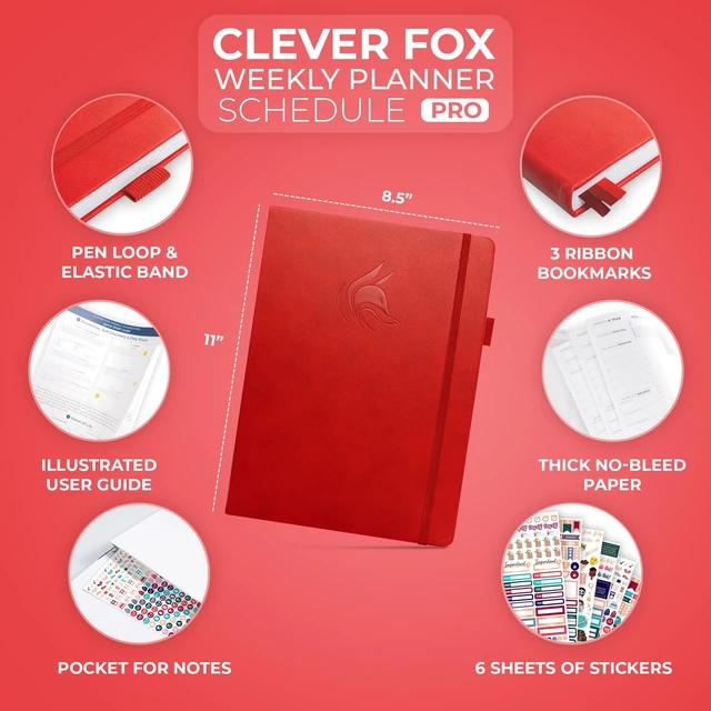 Alt view image 2 of 6 - Planner PRO Hourly, Undated Weekly & Monthly, Red 8.5x11" daily planner with time slots, Eco leather cover, Stickers, 120gsm paper, Work schedule organizer, Appointment book