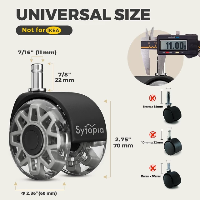 Alt view image 2 of 7 - Office Chair Wheels Replacement, 2.5 Inch Tandem Design Heavy Duty Casters for Carpet and Hardwood Floors, Universal 11x22mm Stem Fits 99% of Chairs, 700 lbs Capacity, Grey