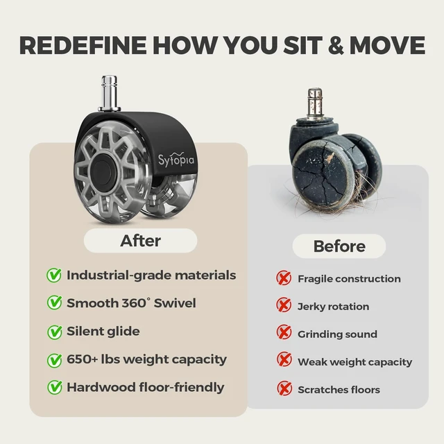 Alt view image 3 of 7 - Office Chair Wheels Replacement, 2.5 Inch Tandem Design Heavy Duty Casters for Carpet and Hardwood Floors, Universal 11x22mm Stem Fits 99% of Chairs, 700 lbs Capacity, Grey