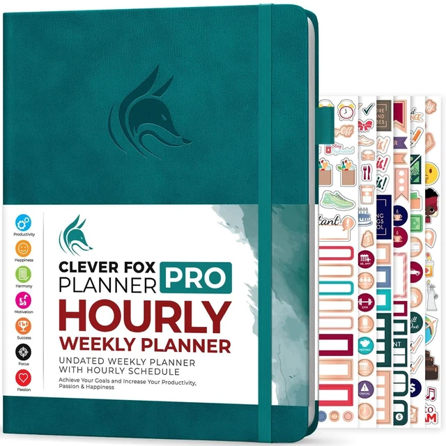 Main image of Planner PRO Hourly, Undated Weekly & Monthly, Dark Teal 8.5x11" daily planner with time slots, Eco leather cover, Stickers, 120gsm paper, Work schedule organizer, Appointment book