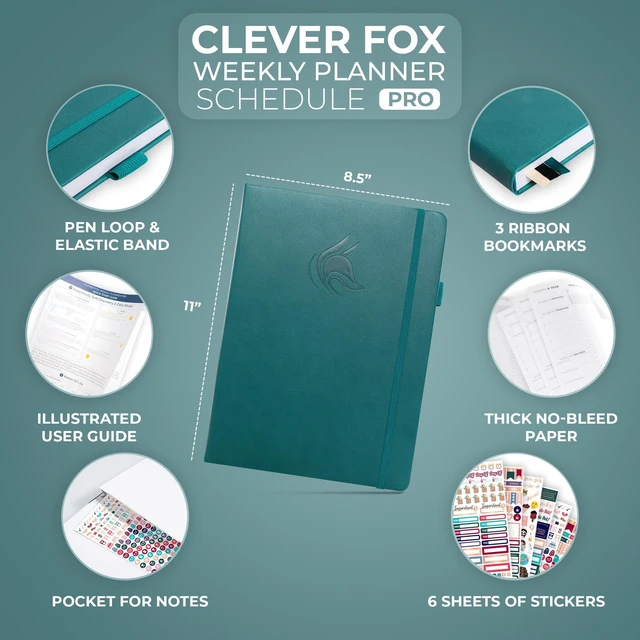 Alt view image 2 of 6 - Planner PRO Hourly, Undated Weekly & Monthly, Dark Teal 8.5x11" daily planner with time slots, Eco leather cover, Stickers, 120gsm paper, Work schedule organizer, Appointment book