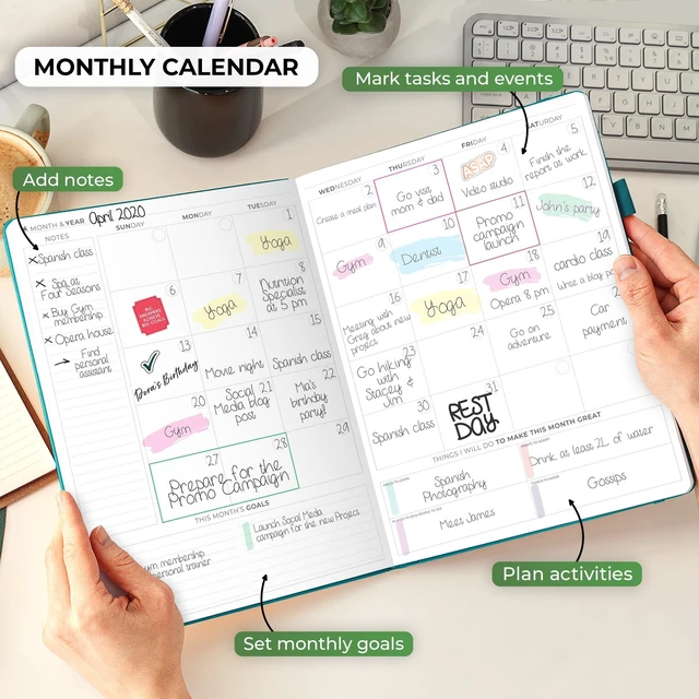 Alt view image 4 of 6 - Planner PRO Hourly, Undated Weekly & Monthly, Dark Teal 8.5x11" daily planner with time slots, Eco leather cover, Stickers, 120gsm paper, Work schedule organizer, Appointment book