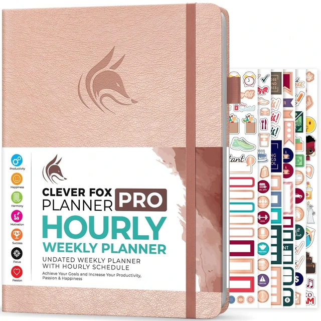 Main image of Planner PRO Hourly, Undated Weekly & Monthly, Rose Gold 8.5x11" daily planner with time slots, Eco leather cover, Stickers, 120gsm paper, Work schedule organizer, Appointment book