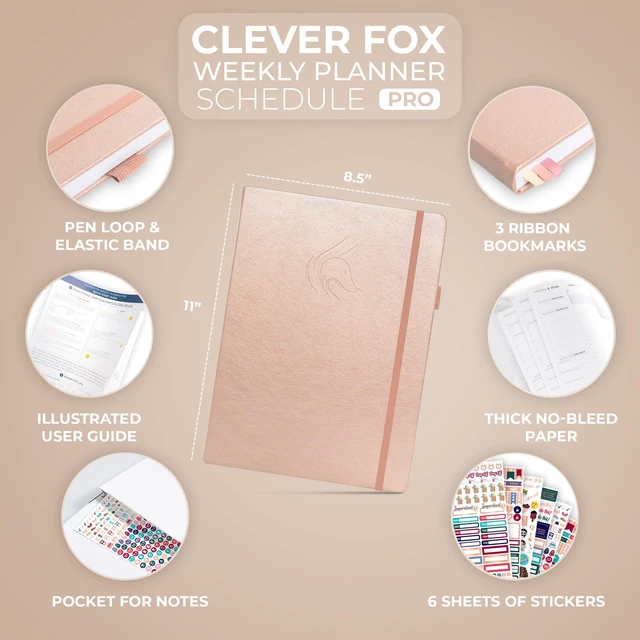 Alt view image 2 of 6 - Planner PRO Hourly, Undated Weekly & Monthly, Rose Gold 8.5x11" daily planner with time slots, Eco leather cover, Stickers, 120gsm paper, Work schedule organizer, Appointment book