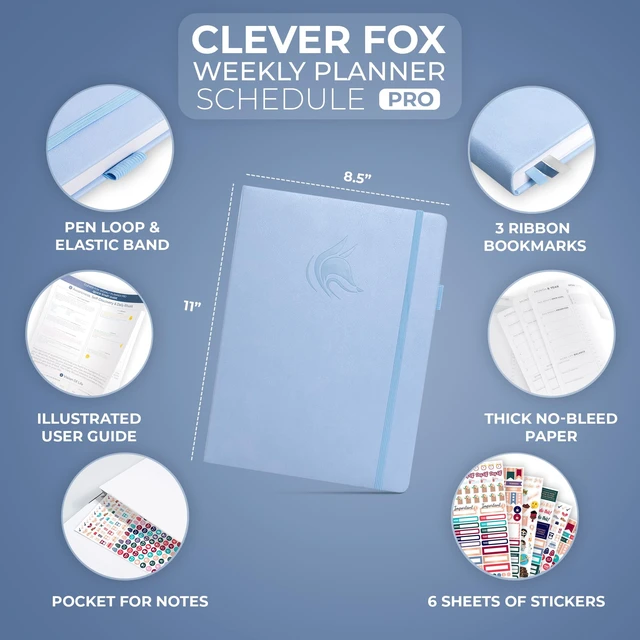 Alt view image 2 of 6 - Planner PRO Hourly, Undated Weekly & Monthly, Periwinkle 8.5x11" daily planner with time slots, Eco leather cover, Stickers, 120gsm paper, Work schedule organizer, Appointment book
