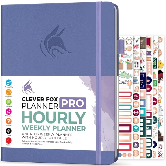 Main image of Planner PRO Hourly, Undated Weekly & Monthly, Lavender 8.5x11" daily planner with time slots, Eco leather cover, Stickers, 120gsm paper, Work schedule organizer, Appointment book