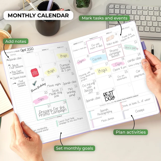 Alt view image 4 of 6 - Planner PRO Hourly, Undated Weekly & Monthly, Lavender 8.5x11" daily planner with time slots, Eco leather cover, Stickers, 120gsm paper, Work schedule organizer, Appointment book