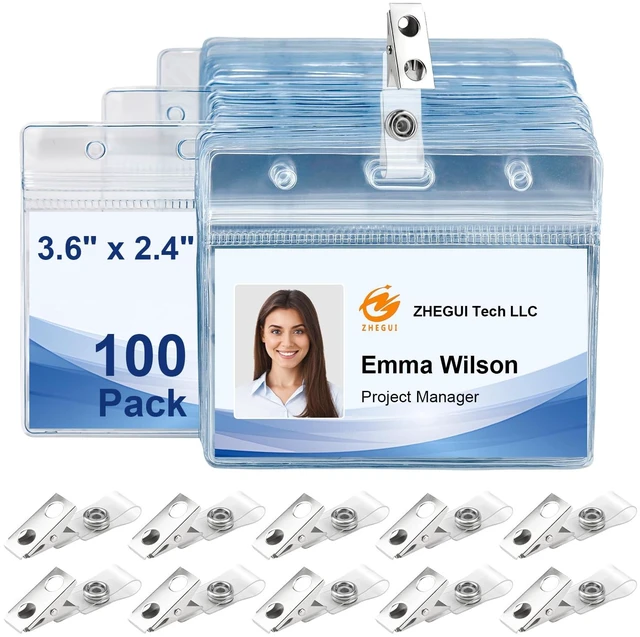 Main image of Horizontal ID Badge Holders with Metal Clips 100 Pack ID Card Holder Clear Plastic Waterproof Name Tag Holders for Convention Festival Corporate Staff School Hospitcal Trade Show Event Visitor