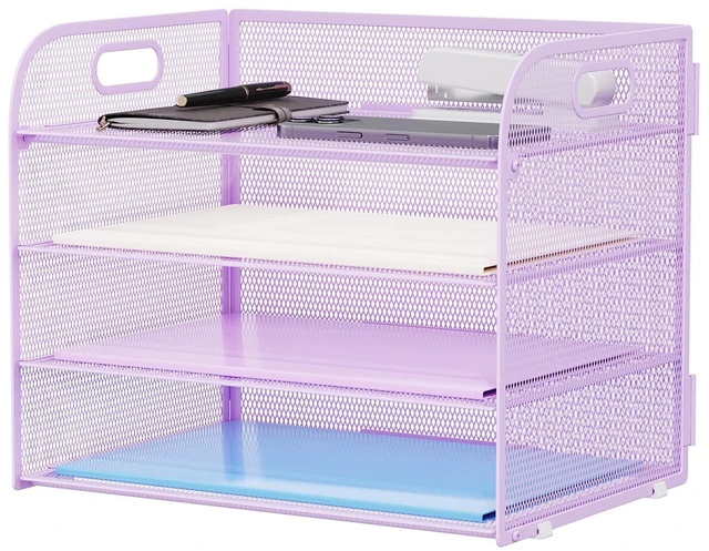 Main image of 4 Tier Paper Organizer Letter Tray - Mesh Desk File Organizer with Handle, Paper Sorter Organizer for Letter/A4 Office File Folder Holder (Purple, 12.6" x 9.1" x 9.1")