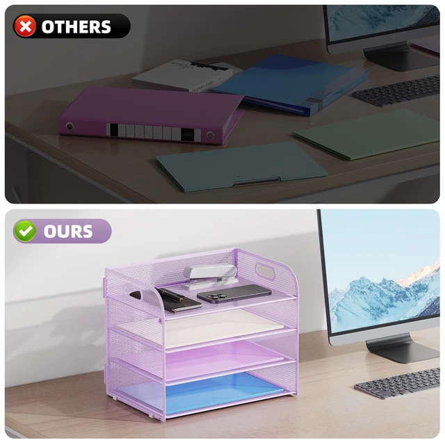 Alt view image 2 of 7 - 4 Tier Paper Organizer Letter Tray - Mesh Desk File Organizer with Handle, Paper Sorter Organizer for Letter/A4 Office File Folder Holder (Purple, 12.6" x 9.1" x 9.1")