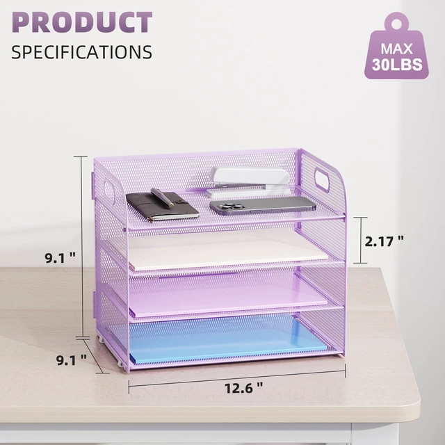 Alt view image 3 of 7 - 4 Tier Paper Organizer Letter Tray - Mesh Desk File Organizer with Handle, Paper Sorter Organizer for Letter/A4 Office File Folder Holder (Purple, 12.6" x 9.1" x 9.1")