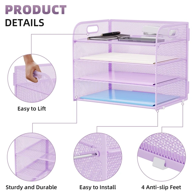 Alt view image 4 of 7 - 4 Tier Paper Organizer Letter Tray - Mesh Desk File Organizer with Handle, Paper Sorter Organizer for Letter/A4 Office File Folder Holder (Purple, 12.6" x 9.1" x 9.1")