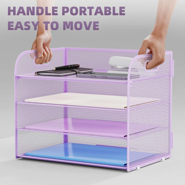 Alt view image 5 of 7 - 4 Tier Paper Organizer Letter Tray - Mesh Desk File Organizer with Handle, Paper Sorter Organizer for Letter/A4 Office File Folder Holder (Purple, 12.6" x 9.1" x 9.1")
