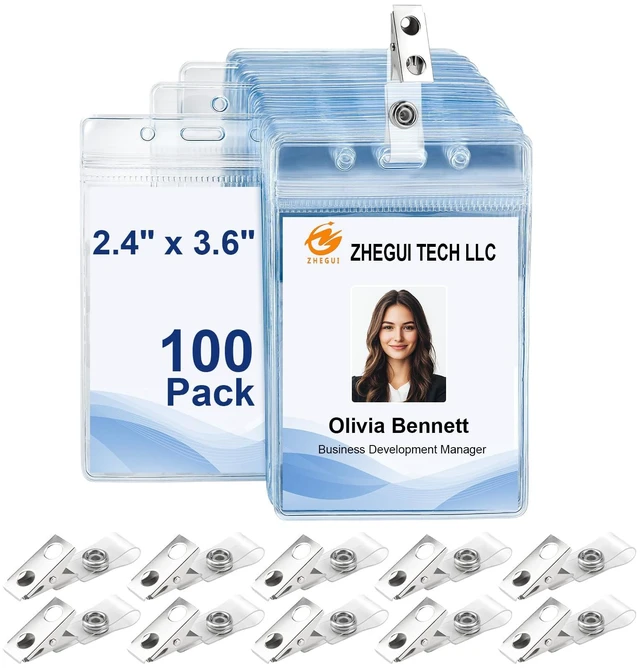 Main image of Vertical ID Badge Holders 100 Pack with Metal Clips Clear Waterproof PVC Bulk Plastic ID Holder for Convention Festival Corporate Team School Tournament Volunteer and Large Event Registration
