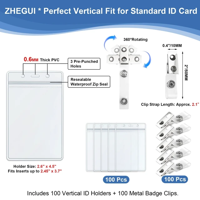 Alt view image 2 of 7 - Vertical ID Badge Holders 100 Pack with Metal Clips Clear Waterproof PVC Bulk Plastic ID Holder for Convention Festival Corporate Team School Tournament Volunteer and Large Event Registration