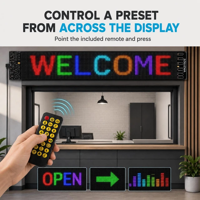 Alt view image 4 of 7 - 36 x 8 Inch Programmable LED Sign for Storefront Windows Flexible full-color LED matrix panel for text, pixel art, animations, sound-reactive effects, and quick remote presets