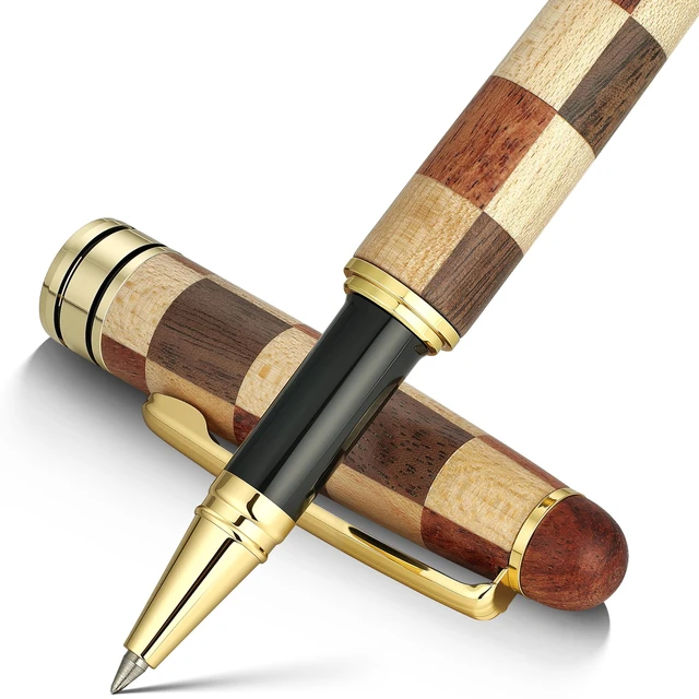 Main image of Luxury Wood Rollerball Pen Set, Chess Style with Gold Finish Elegant Fancy Nice Gift Pen Set for Signature Executive Writing Office Supplies - Gift Boxed with Extra Refills (Black)