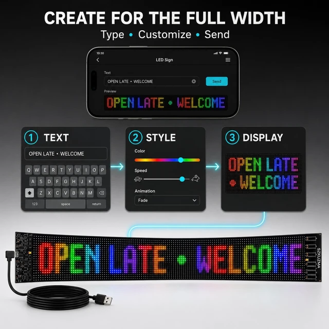 Alt view image 5 of 7 - 36 x 8 Inch Programmable LED Sign for Storefront Windows Flexible full-color LED matrix panel for text, pixel art, animations, sound-reactive effects, and quick remote presets