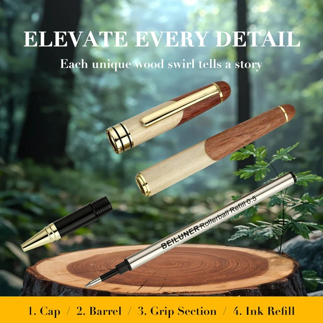 Alt view image 6 of 7 - Luxury Wood Rollerball Pen Writing Set,Maple with Gold Finish Elegant Fancy Nice Gift Set for Signature Calligraphy Office Fancy Nice Supplies - Christmas Gift Boxed Extra Refills (Black)