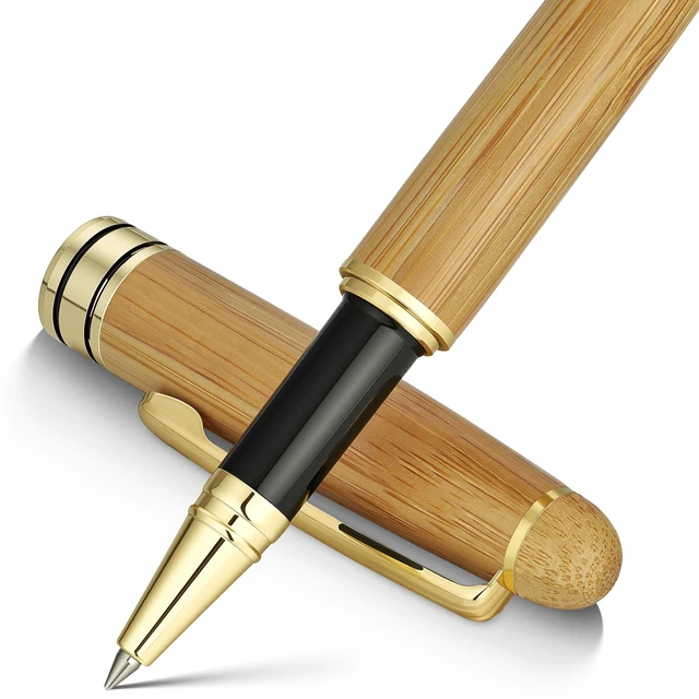 Main image of Wood Rollerball Pen Writing Set, Elegant,Bamboo with Gold Finish Elegant Nature Nice Pen Set for Signature Executive Office Fancy Writing Supplies-Christmas Gift Boxed Extra Refills (Black)